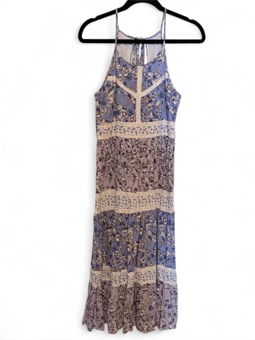Jessica Simpson Lavender-Blue Floral Lace-Trim Maxi Dress